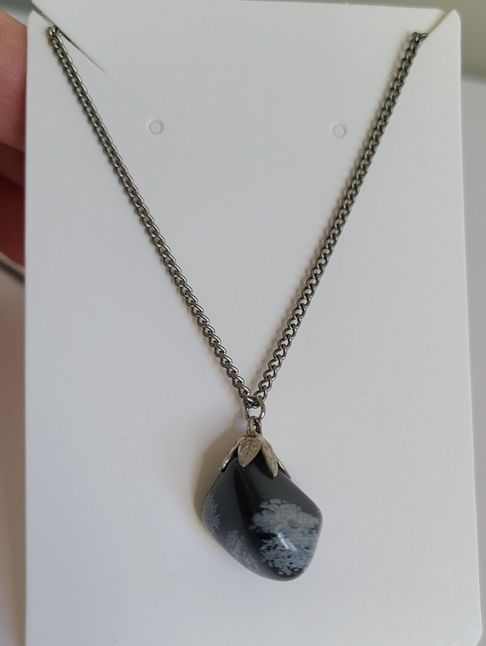 Boho Silver Tone Black Snowflake Obsidian Chunky Loose Gemstone Pendant Necklace